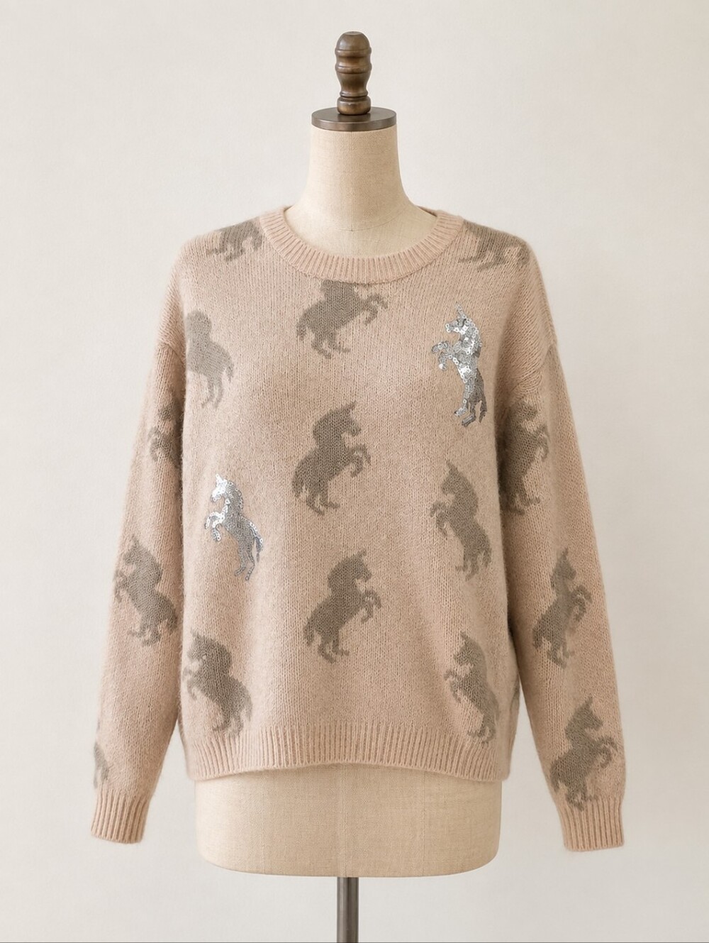 Dreamers Horse Print Fuzzy Knit Sweater Beige Sequin Accent Size S/M